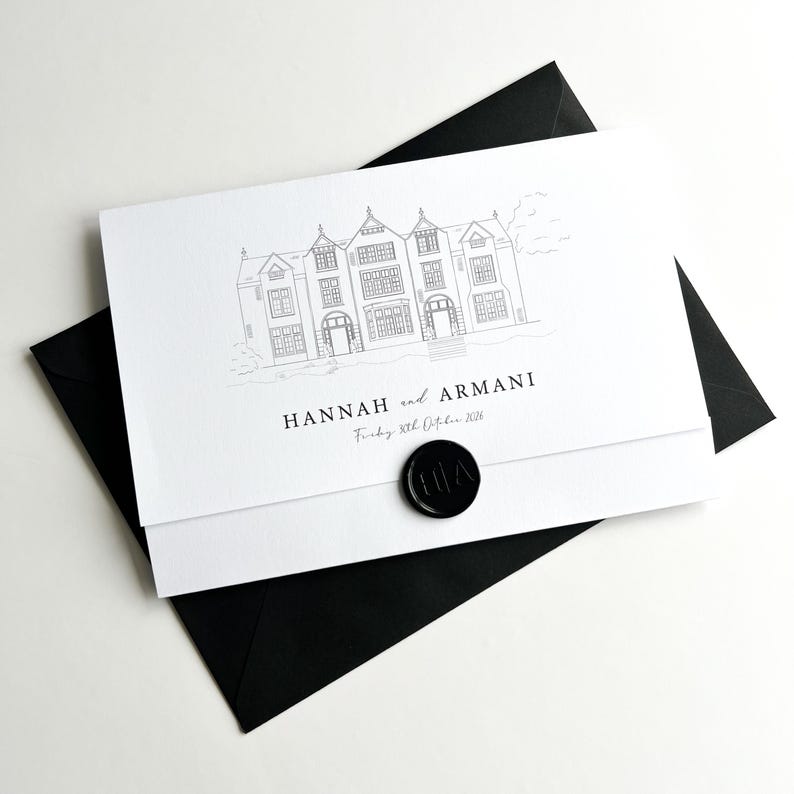 Folded Wallet Sketch Wedding Invitation | Custom Digital Hand-Drawn Illustration | Gold Wax Seal and Envelope Included | Personalised Invite image 7