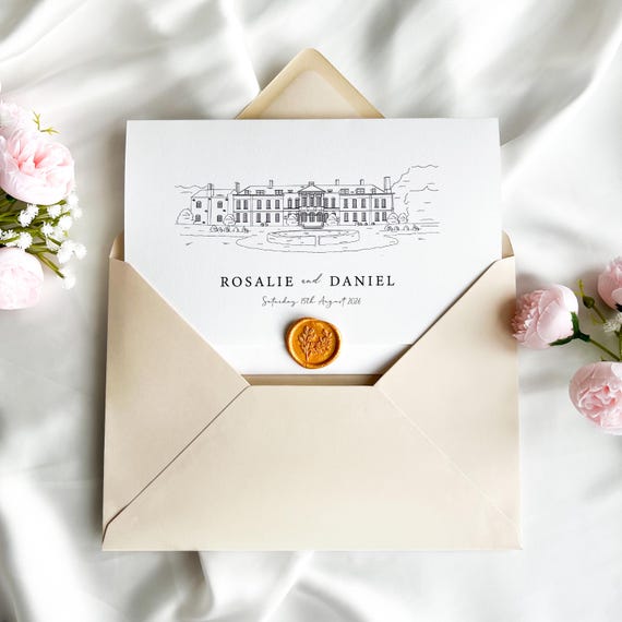 Folded Wallet Sketch Wedding Invitation | Custom Digital Hand-Drawn Illustration | Gold Wax Seal and Envelope Included | Personalised Invite