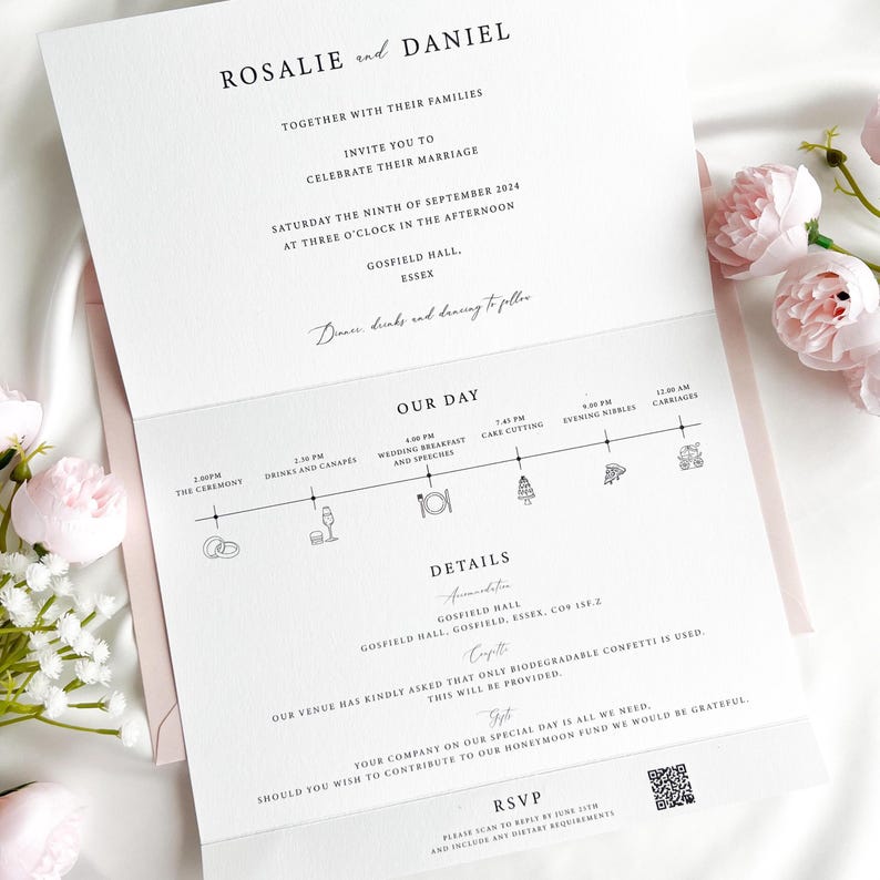 May include: A formal wedding invitation with the names Rosalie and Daniel at the top. The invitation includes the date, time, and location of the ceremony, along with a detailed schedule of events and RSVP information.
