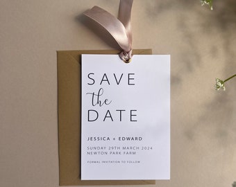 KRYSTLE - Save The Date Card | Wedding Invitation with Satin Ribbon | Gold Eyelet | Elegant Design Invite | Save the Date with Envelope
