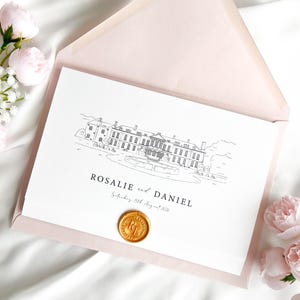 May include: A wedding invitation featuring a black and white sketch of a building, with the names "ROSALIE and DANIEL" and the date "Saturday 19th August 2024". The invitation is in a pink envelope and sealed with a gold wax seal.