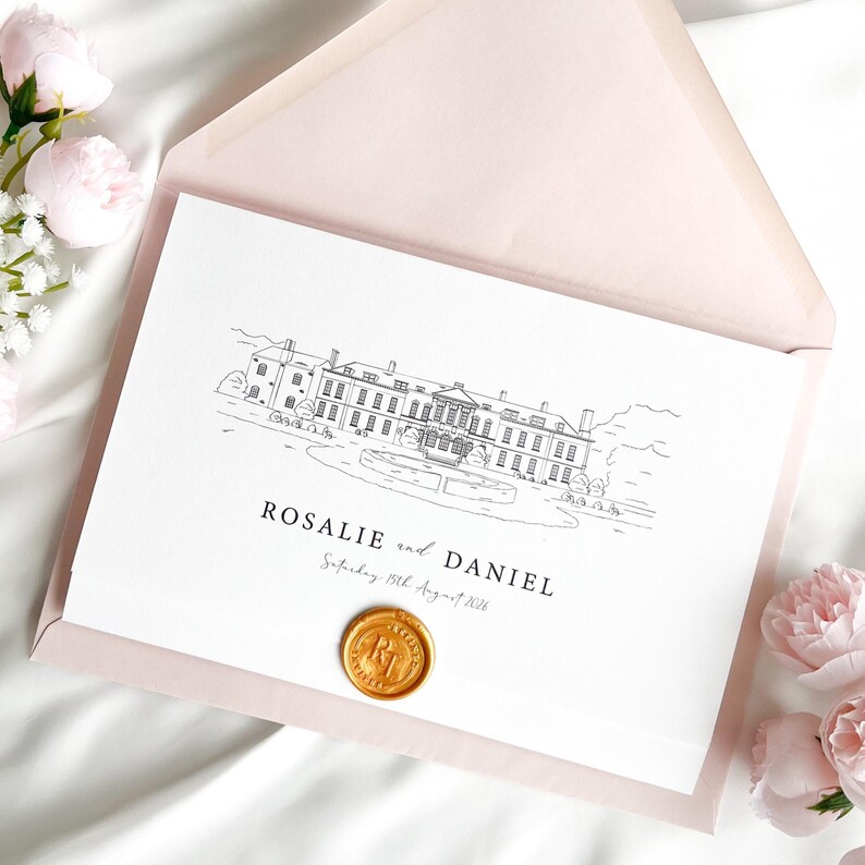 May include: A wedding invitation featuring a black and white sketch of a building, with the names "ROSALIE and DANIEL" and the date "Saturday 19th August 2024". The invitation is in a pink envelope and sealed with a gold wax seal.