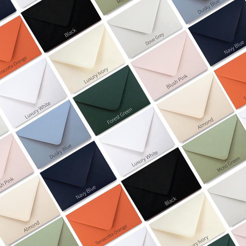 May include: A collection of colorful envelopes in various shades, including black, white, and shades of blue, green, pink, and orange. Each envelope has a label with its color name, such as "Luxury Ivory" and "Terracotta Orange."