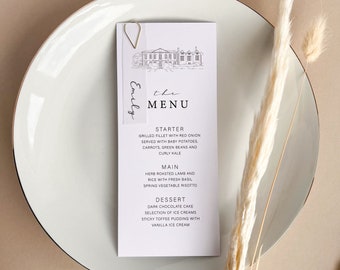 May include: A white menu card with a black and white illustration of a house at the top. The text "the MENU" is written in black at the top of the card. The text "Emily" is written in cursive at the top left corner of the card. The menu includes a starter, main course, and dessert.