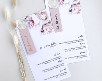 May include: Wedding stationery featuring floral designs and menu details. The menus include the names "Mr. & Mrs. Sutton" and the date "27.03.2024". The menus are accented with wax seals and the words "Bridesmaid" and "The Groom".