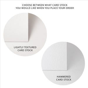 May include: Image showcasing two card stock options: lightly textured and hammered. Text at the top reads "CHOOSE BETWEEN WHAT CARD STOCK YOU WOULD LIKE WHEN YOU PLACE YOUR ORDER." The lightly textured option is smooth, while the hammered option has a textured surface.