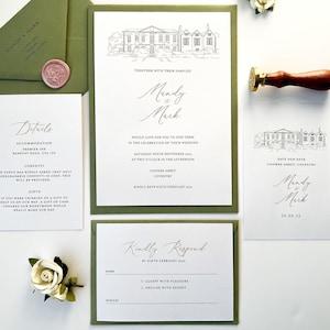 May include: A wedding invitation suite with a green envelope, white cardstock, and a black ink illustration of a house. The invitation text reads "Mandy & Mark" and includes the date and time of the wedding. The RSVP card includes the text "Kindly Respond" and a date.