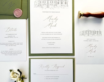 May include: A wedding invitation suite with a green envelope, white cardstock, and a black ink illustration of a house. The invitation text reads "Mandy & Mark" and includes the date and time of the wedding. The RSVP card includes the text "Kindly Respond" and a date.