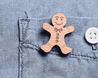 Gingerbread man pin, wooden brooch for celebration, festival or Christmas