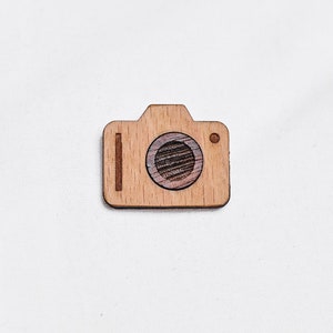 Photo camera as a pin, badge, brooch made of wood for a celebration or celebration image 1
