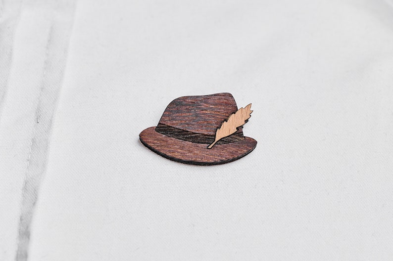 Traditional hat as a pin, badge, brooch made of wood for traditional costume image 1