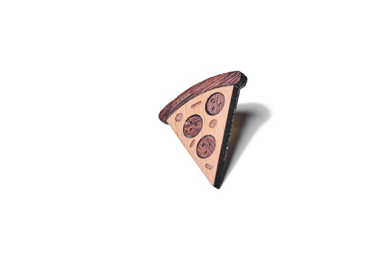 Piece of pizza as a pin, badge, brooch made of wood for a celebration or festival image 3