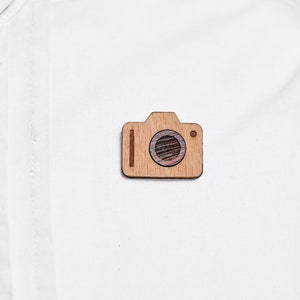 Photo camera as a pin, badge, brooch made of wood for a celebration or celebration image 2