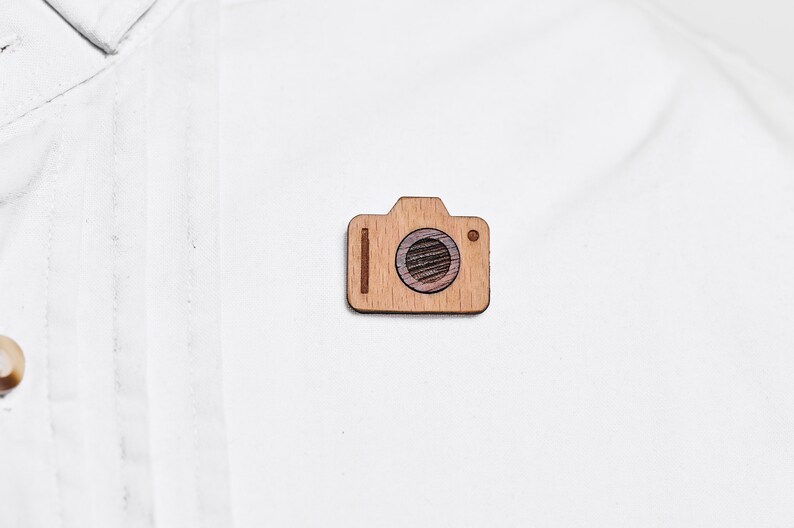 Photo camera as a pin, badge, brooch made of wood for a celebration or celebration image 2