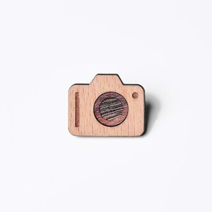 Photo camera as a pin, badge, brooch made of wood for a celebration or celebration image 4