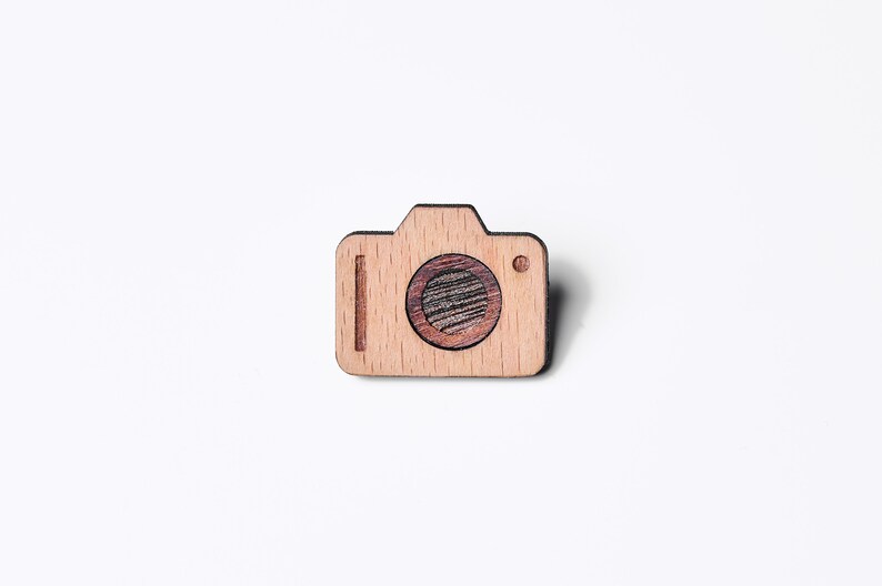 Photo camera as a pin, badge, brooch made of wood for a celebration or celebration image 4