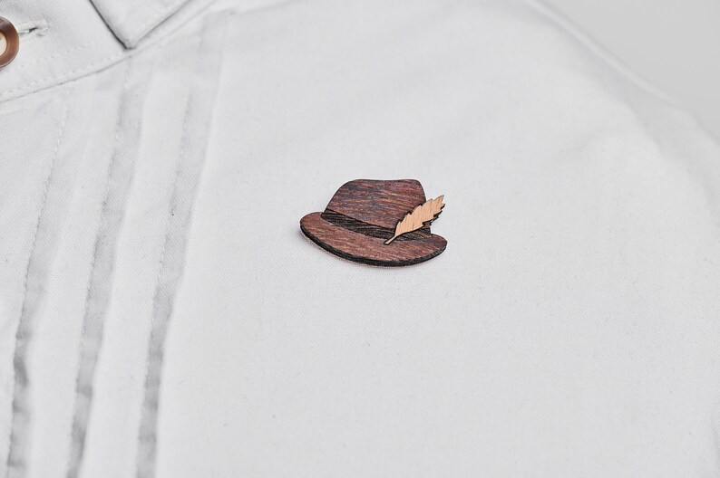 Traditional hat as a pin, badge, brooch made of wood for traditional costume image 2