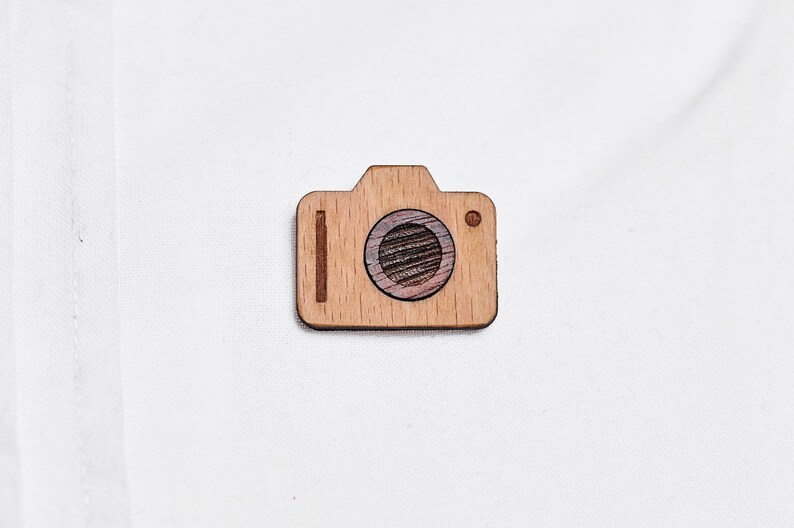 Photo camera as a pin, badge, brooch made of wood for a celebration or celebration image 1