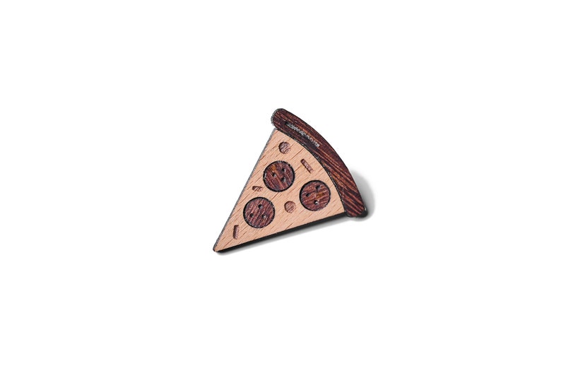 Piece of pizza as a pin, badge, brooch made of wood for a celebration or festival image 2