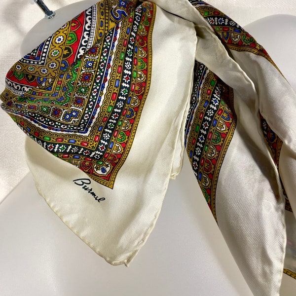 Classic border print square silk scarf by Burmel