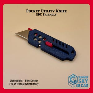May include: A pocket utility knife with a dark blue textured handle and a silver blade. The knife has a red button and a slim design. Text on the image reads "POCKET UTILITY KNIFE EDC FRIENDLY" and "Lightweight - Slim Design Fits in Pocket Comfortably."