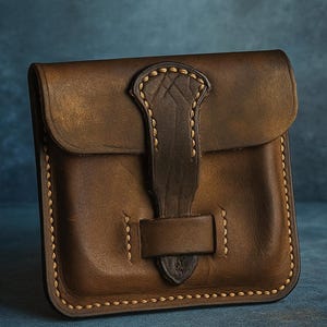 May include: A handcrafted brown leather pouch with a flap closure and a buckle. The pouch features decorative stitching around the edges and on the flap's strap. The leather has a distressed finish, giving it a vintage look.
