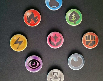 Fridge magnet made from real Pokémon cards - Energy/Type - Upcycling - Fire, Water, Grass - Badge - Gift - Metal - Magnetic button