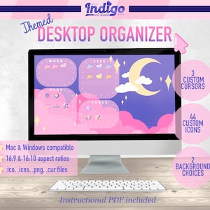 May include: A computer screen displaying a desktop organizer with a pink and purple color scheme. The organizer has four sections labeled "Work", "Life", "Play", and "Tools". The screen is surrounded by a pink and purple border. The text "Themed Desktop Organizer" is displayed above the screen. The text "3 Custom Cursors", "44 Custom Icons", and "2 Background Choices" is displayed in circles around the screen.