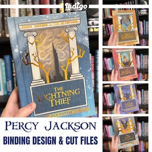 May include: A collection of five hardcover books from the Percy Jackson and the Olympians series, featuring custom blue, orange, red, purple, and grey covers with gold foil Greek column designs, illustrations, and titles like The Lightning Thief.