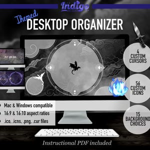 May include: A computer screen displaying a black and white desktop organizer theme with a dragon and clouds. The theme includes 56 custom icons, 4 custom cursors, and 15 background choices. The text "Fly or Die" is visible on a smaller screen in the background. The text "Themed Desktop Organizer" is visible at the top of the screen. The text "Instructional PDF included" is visible at the bottom of the screen.