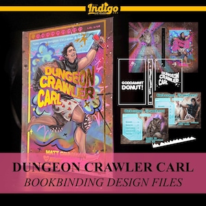 May include: A digital design file set for bookbinding featuring the title Dungeon Crawler Carl. The artwork displays a character in heart-patterned boxers, a spiked knee pad, and a wrist cuff, alongside character cards and text elements like Goddamnit Donut.