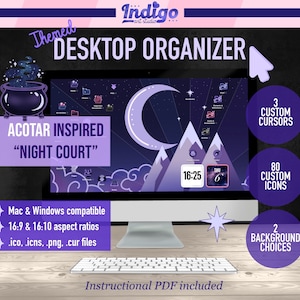 以下が含まれることがあります： 夜空、山、三日月を背景にした、「棘とバラの庭」の書籍をテーマにしたコンピューターデスクトップオーガナイザー。オーガナイザーには、80個のカスタムアイコン、3つのカスタムカーソル、2つの背景の選択肢が含まれています。MacとWindowsのコンピューターに対応しており、.ico、.icns、.png、.curファイルが含まれています。