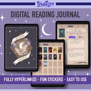 May include: Digital reading journal displayed on three tablets. The cover features a design with hands, a book, flowers, and the text "Reading Journal." The tablets show book covers and journal pages. The text "Fully Hyperlinked, Fun Stickers, Easy to Use" is also visible.