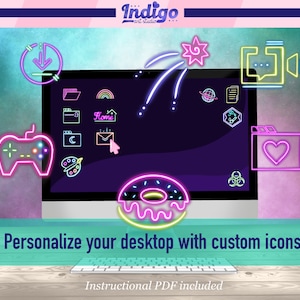 Computer Icon Pack | Neon Themed | Cute Aesthetic bundle | Custom Icons | Desktop Organization | Folders, Files, Apps | Mac, PC, Windows
