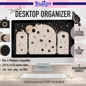 Puede incluir: Un organizador de escritorio que se muestra en un monitor de computadora. La pantalla presenta un diseño beige y negro con iconos y el texto "DESKTOP ORGANIZER". Incluye 3 cursores personalizados, 54 iconos personalizados y 2 opciones de fondo.