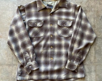 Vintage 60s Pendleton Wool Shadow Plaid Flannel Board Shirt