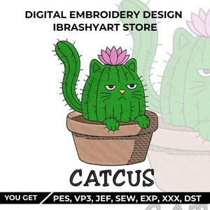 Puede incluir: Diseño de bordado digital de Ibrashyart Store con un cactus verde con forma de gato y una flor rosa en la cabeza, dentro de una maceta marrón. El texto dice DIGITAL EMBROIDERY DESIGN IBRASHYART STORE, CATCUS, y YOU GET PES, VP3, JEF, SEW, EXP, XXX, DST.