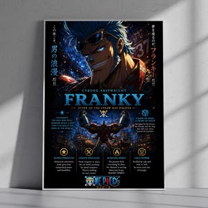 May include: A framed poster featuring Franky from One Piece. The cyborg shipwright is depicted with blue hair and sunglasses. The poster includes Japanese text and character details, with the One Piece logo at the bottom.