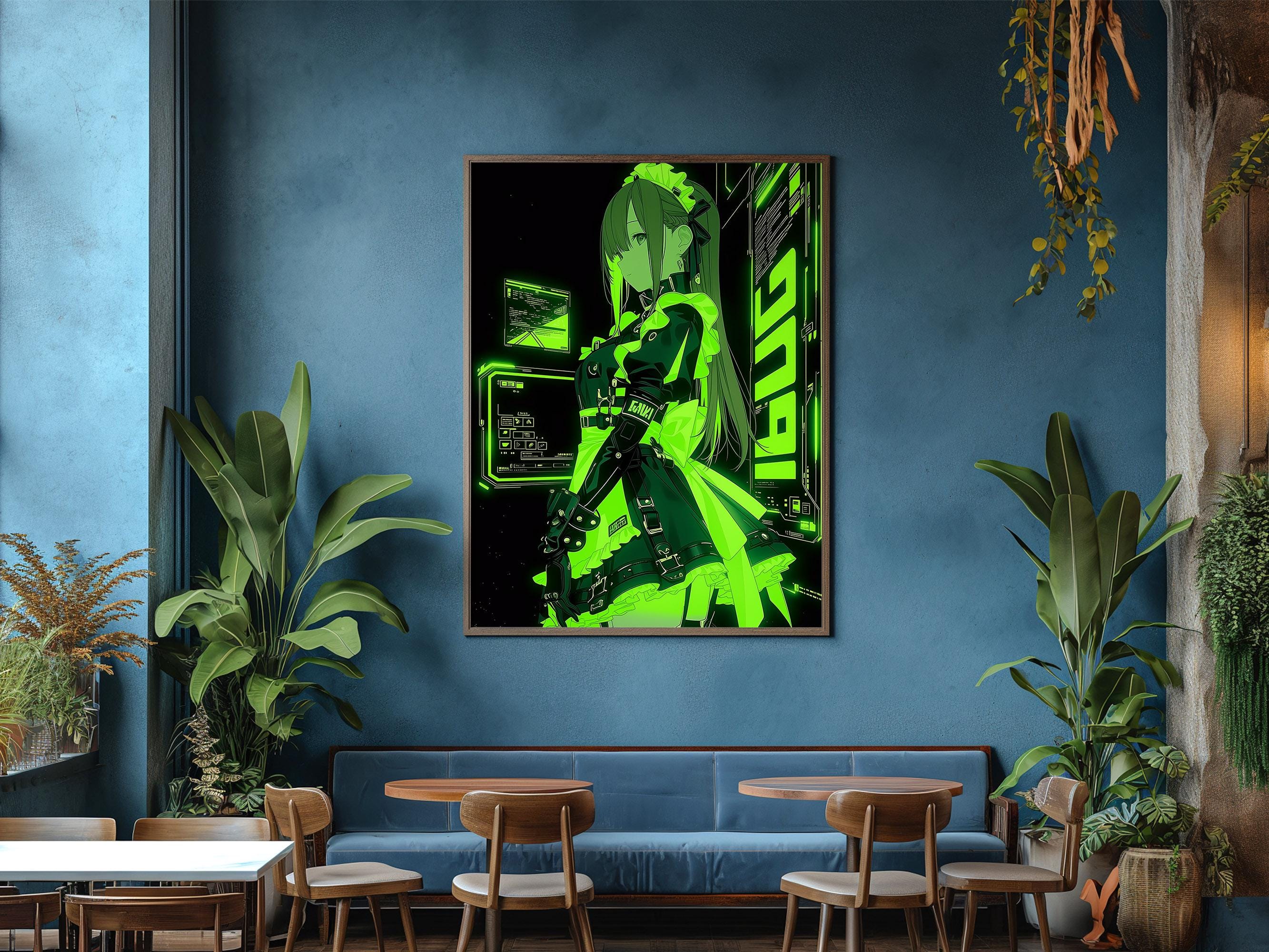 Cyberpunk Anime Girl Poster | Green Neon Hacker Wall Art | 5 Sizes ...