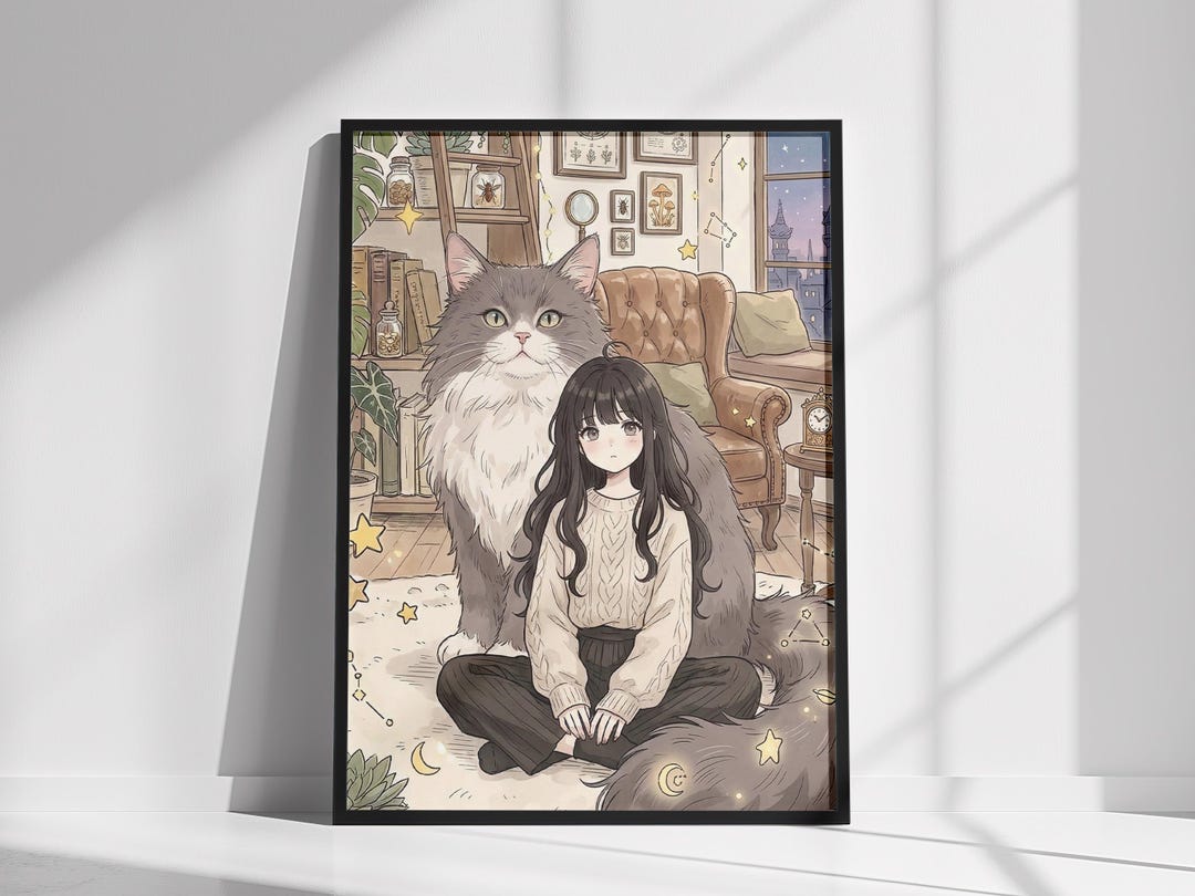 Kawaii Giant Cat Girl Poster | Cozy Anime Style Wall Art | 5 Sizes ...