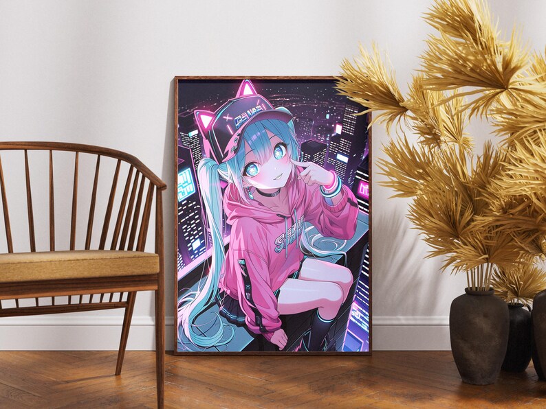 Anime Girl With Cat Hat Poster | Cyberpunk Wall Art Print | 5 Sizes ...