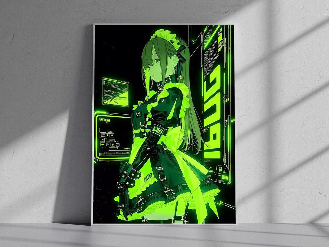 Cyberpunk Anime Girl Poster | Green Neon Hacker Wall Art | 5 Sizes ...