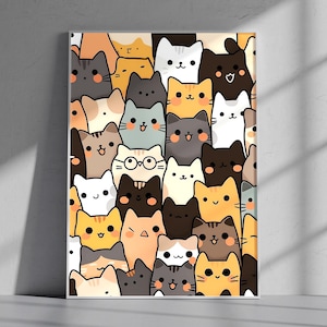 May include: A framed art print featuring a repeating pattern of cartoon cats in various colors, including orange, black, gray, and white. The cats have different expressions and are arranged closely together, creating a playful and whimsical design.