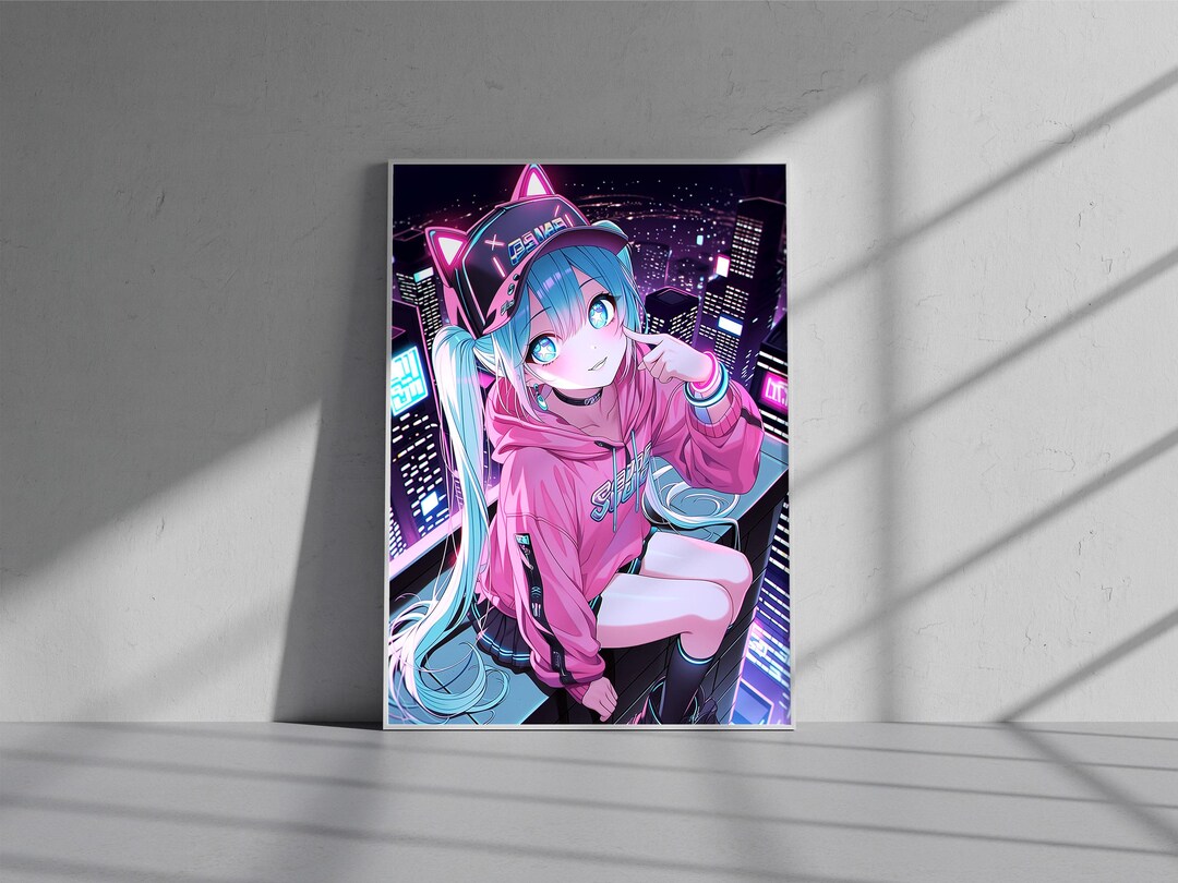 Anime Girl With Cat Hat Poster | Cyberpunk Wall Art Print | 5 Sizes ...