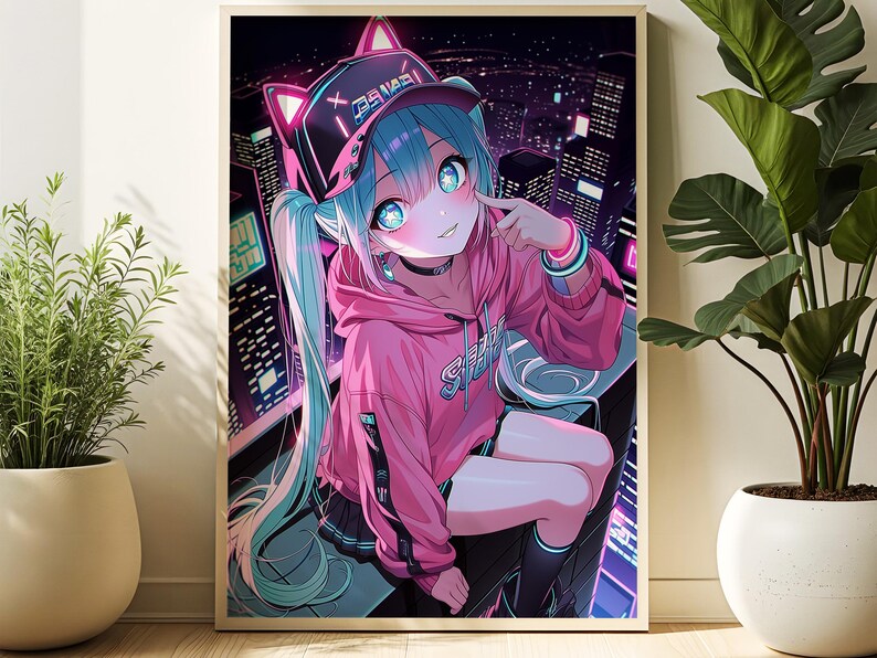 Anime Girl With Cat Hat Poster | Cyberpunk Wall Art Print | 5 Sizes ...