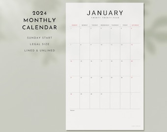 Calendrier mural vertical imprimable mensuel et annuel 2024 | Format légal 8,5 x 14 | Départ le dimanche | avec ou sans doublure | Design minimaliste simple