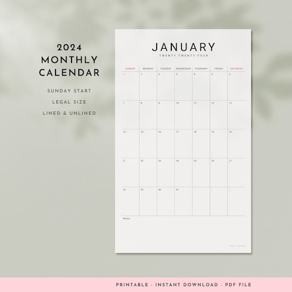 2024 Monthly & Yearly Printable Wall Calendar Vertical | Legal Size 8.5 x 14 | Sunday Start | Lined and Unlined | Simple Minimalist Design