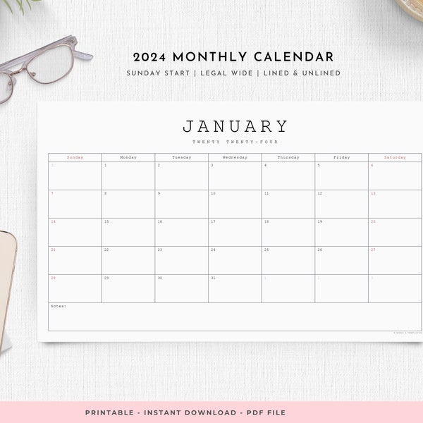 2024 Monthly & Yearly Printable Wall Calendar Horizontal | Legal Size 8.5 x 14 | Sunday Start | Lined and Unlined | Simple Minimalist Design