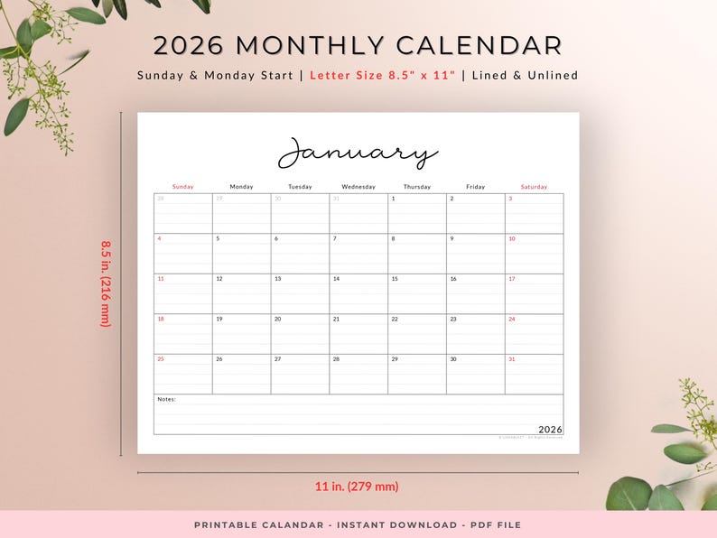 2026 Monthly Desk Calendar | Printable Calendar | Sunday / Monday Start ...