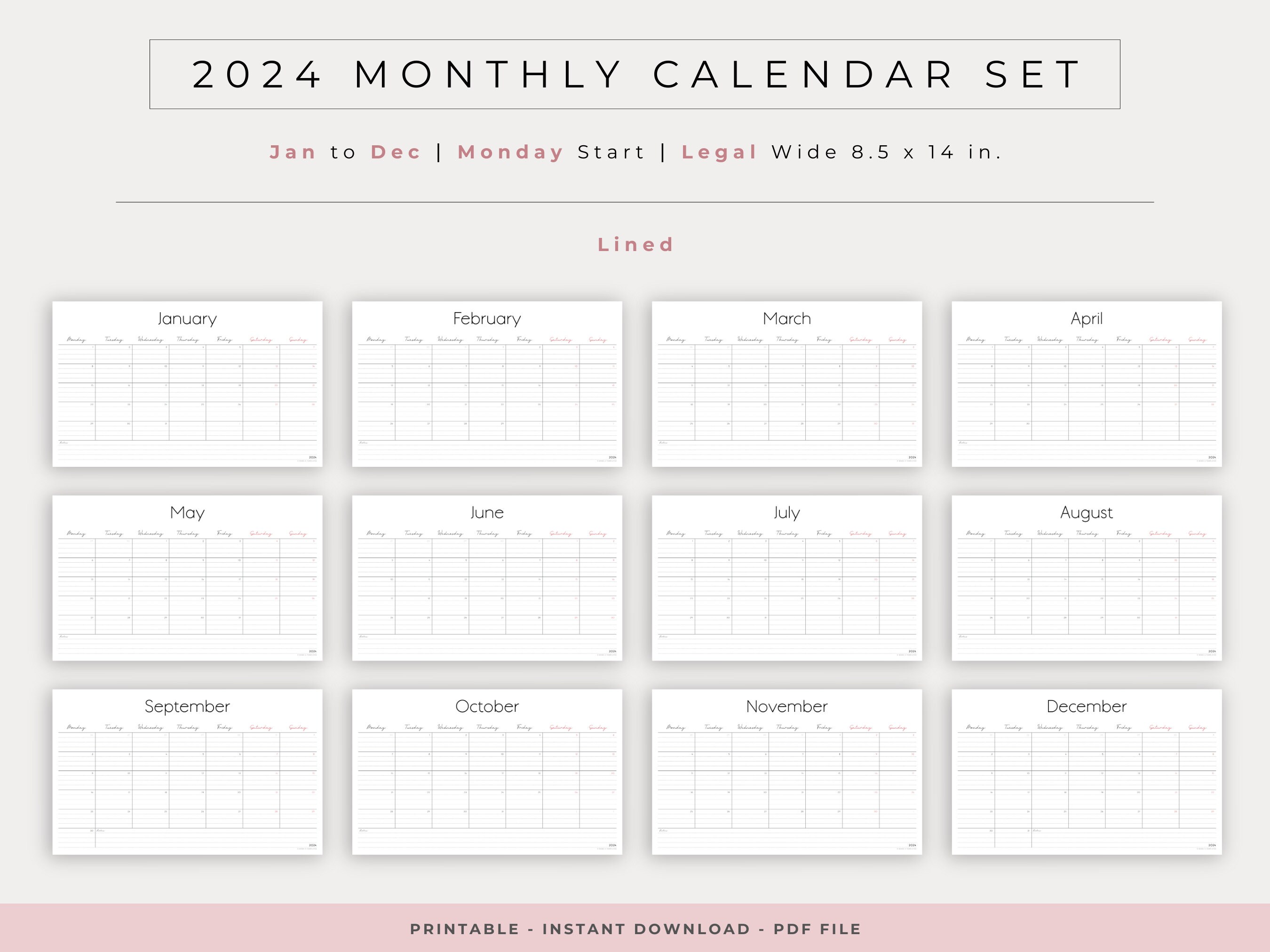 Printable Legal Size 8.5x14 2024 Monthly & Yearly Minimalist Calendar ...
